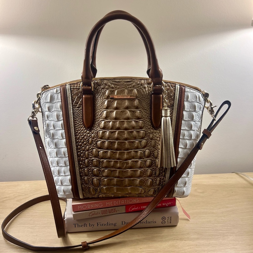 Brahmin White and Brown Crocodile Embossed Satchel